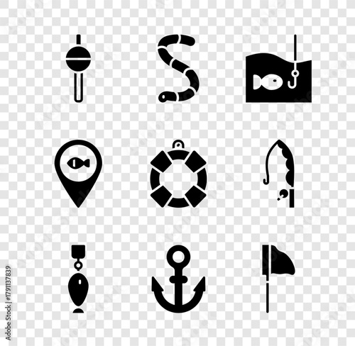 Set Fishing float, Worm, hook with fish, spoon, Anchor, net, Location fishing and Lifebuoy icon. Vector