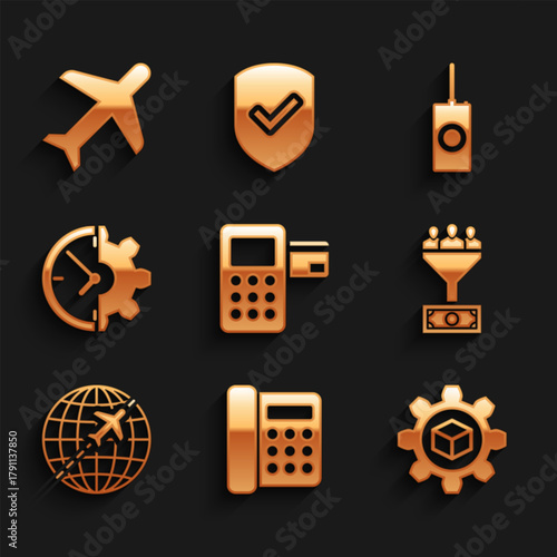 Set Pos terminal, Telephone, Product development, Lead management, Globe with flying plane and Clock and gear icon. Vector