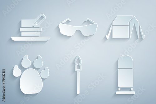 Set Medieval spear, Tourist tent, Paw print, Bullet, Glasses and Hunter hat with feather icon. Vector