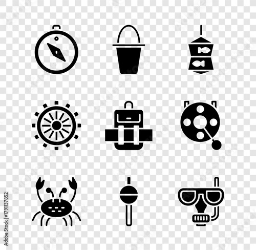 Set Compass, Fishing bucket, net with fish, Crab, float, Diving mask and snorkel, Ship steering wheel and Hiking backpack icon. Vector