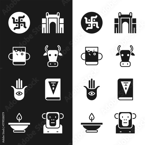 Set Cow, Cup of tea and leaf, Hindu swastika, India Gate Delhi, Hamsa hand, constitution day, Monkey and Aroma lamp icon. Vector