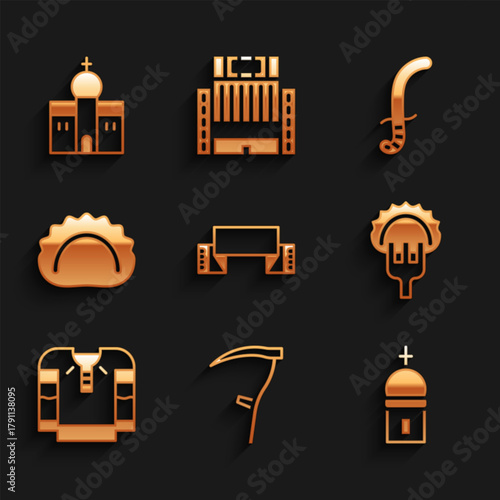Set Embroidered towel, Scythe, Church tower, Dumplings on fork, shirt, Medieval sword and building icon. Vector