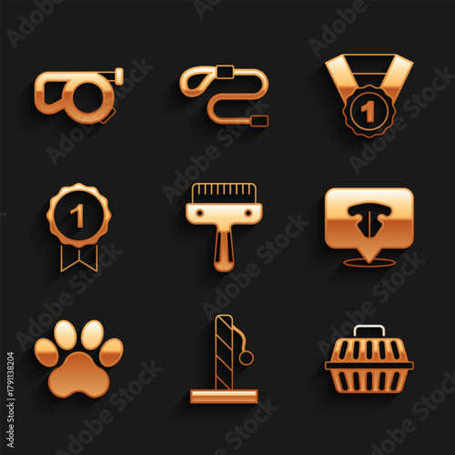Set Hair brush for dog and cat, Cat scratching post, Pet carry case, nose, Paw print, Dog award symbol, and Retractable cord leash icon. Vector
