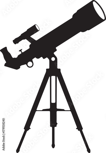A detailed silhouette illustration of a classic astronomical telescope mounted on a sturdy tripod, used for stargazing and space observation.
