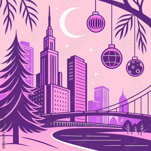 Futuristic vaporwave Christmas background with city skyline
