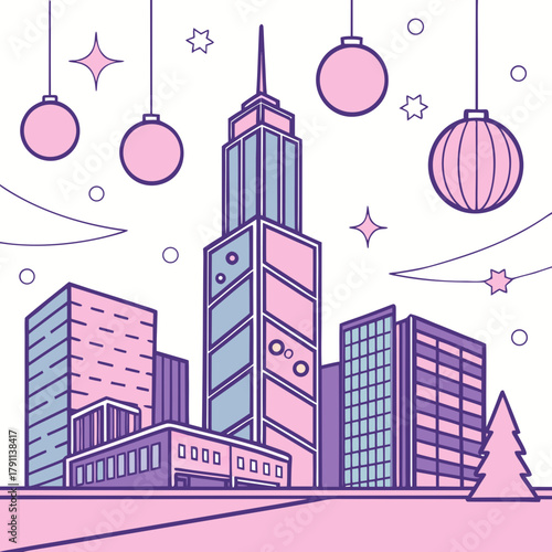 Futuristic vaporwave Christmas background with city skyline