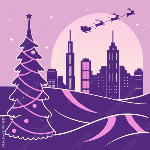 Futuristic vaporwave Christmas background with city skyline