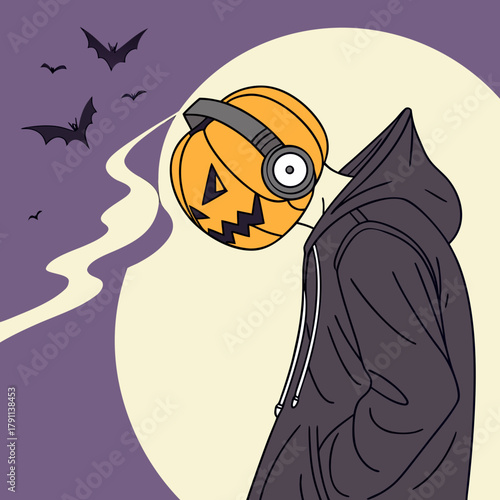 A jack-o'-lantern-headed person in a black hoodie listens to music with large headphones against a purple backdrop, evoking a spooky yet playful Halloween vibe