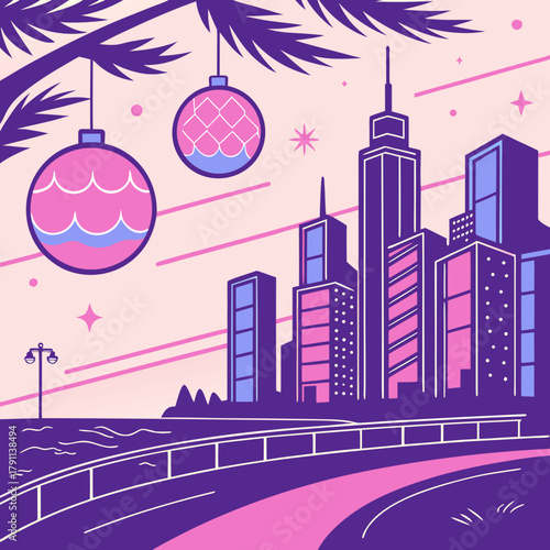 Futuristic vaporwave Christmas background with city skyline