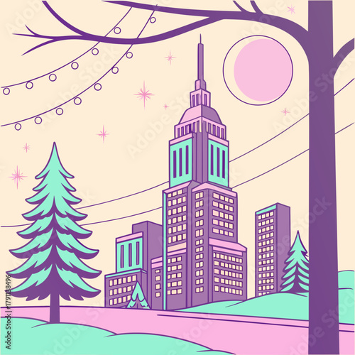 Futuristic vaporwave Christmas background with city skyline