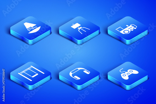 Set Gamepad, Toy boat, Headphones, Swing, Wood easel and train icon. Vector