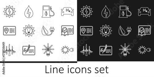Set line Sun with electric plug, Certificate template, Bio fuel fueling nozzle, Solar energy panel, Address book, Electric saving leaf and Water icon. Vector