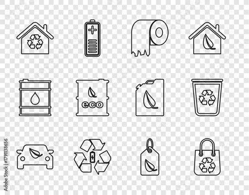 Set line Eco car drive with leaf, Shopping bag recycle, Toilet paper roll, Battery, House recycling, Bio fuel barrel, Tag and Recycle bin icon. Vector