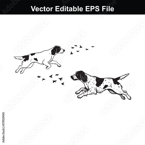 Two dogs running in sketch style, chasing birds in the sky