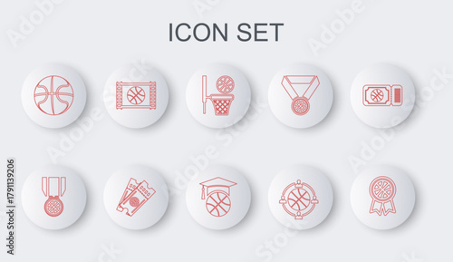 Set line Basketball award, medal, and basket, Planning strategy, game video, ticket and training icon. Vector