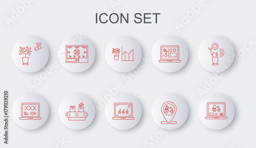 Set line Laptop application for smart farm, Genetic engineering modification, Flower statistics, Tractor and location, Smart farming technology, Conveyor belt with box and icon. Vector