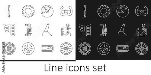 Set line Car wheel, Gear shifter, Speedometer, Shock absorber, gas and brake pedals, handbrake and tire icon. Vector