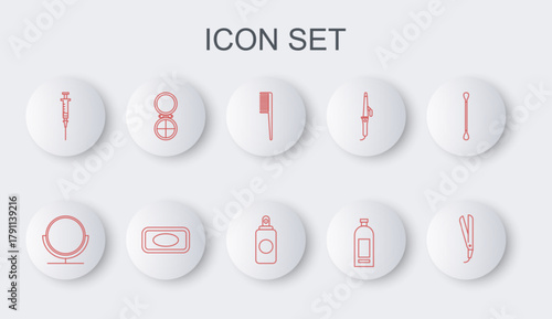 Set line Curling iron, Round makeup mirror, Hairbrush, Bottle of shampoo, Syringe, Makeup powder with, Bar soap and Spray can icon. Vector