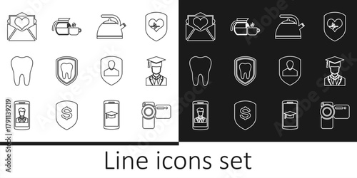 Set line Cinema camera, Graduate with graduation cap, Kettle handle, Dental protection, Tooth, Envelope Valentine heart, User and Coffee pot cup icon. Vector
