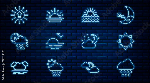 Set line Cloud with rain, Sun, Sunset, and moon, stars and icon. Vector
