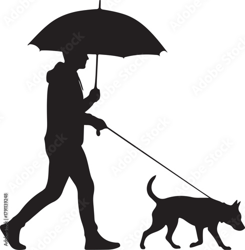 Silhouette illustration of a person walking their dog on a leash, holding an open umbrella, depicting a rainy day stroll or pet care responsibility.