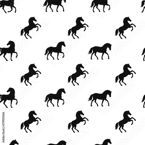 Seamless pattern with rearing black horse silhouettes on white background. Wallpaper, with repeating equine motifs print in simple vector style for 2026 Year of the Horse designs, textile backgrounds