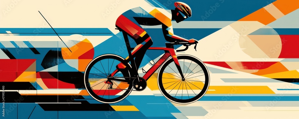 Fototapeta premium Dynamic graphic design poster featuring an extreme cyclist in vibrant geometric art style with bold colors and movement