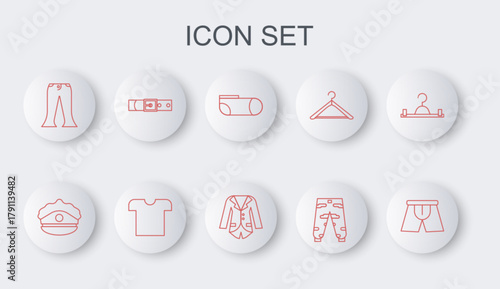 Set line Men underpants, Police cap with cockade, Sport socks, Camouflage cargo, Pants, Leather belt, T-shirt and Blazer jacket icon. Vector