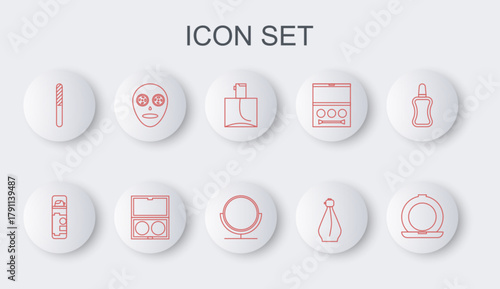 Set line Makeup powder with mirror, Shaving gel foam, Perfume, Nail file, Facial cosmetic mask, and Round makeup icon. Vector