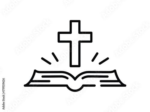 A cross rises from an open book, symbolizing faith and religious knowledge.