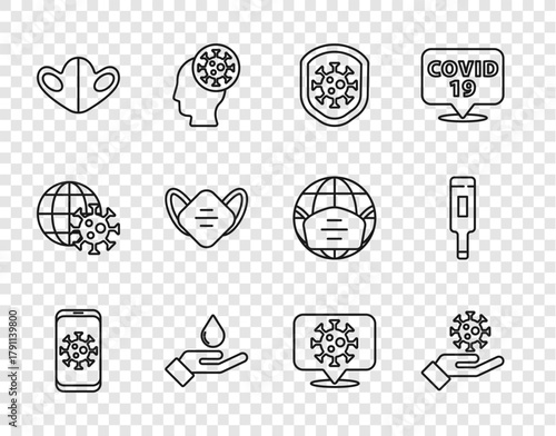 Set line Virus statistics on mobile, Hand with virus, Shield protecting from, Washing hands soap, Medical protective mask, Corona location and thermometer icon. Vector