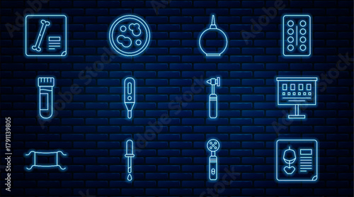 Set line X-ray shots, Eye test chart, Enema, Medical digital thermometer, Test tube with blood, otoscope tool and Petri dish bacteria icon. Vector