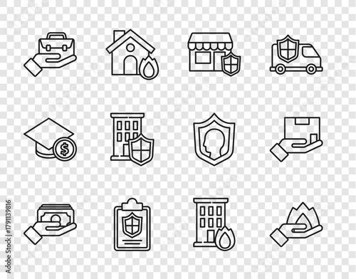 Set line Stacks paper money cash, Hand holding fire, Shopping building with shield, Document, briefcase, House, Fire burning house and Delivery insurance icon. Vector