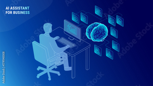 Business Productivity Assistant concept - AI assistant helping human productivity and business workflow organization - futuristic workplace with digital brain and smart automation icons - vector
