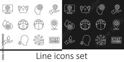 Set line Stay home, Corona virus 2019-nCoV on location, Human and, Earth with medical mask, Blood test, Virus statistics monitor, and Medical protective icon. Vector