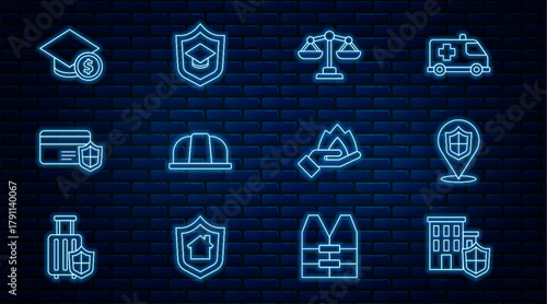 Set line House with shield, Location, Scales of justice, Worker safety helmet, Credit card, Graduation cap and coin, Hand holding fire and icon. Vector