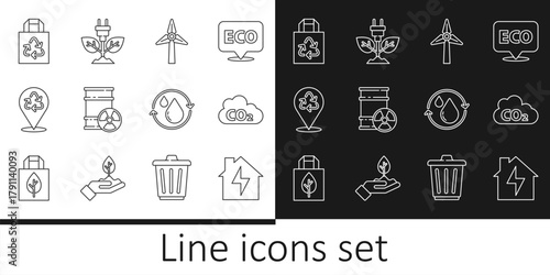 Set line House and lightning, CO2 emissions cloud, Wind turbine, Radioactive waste barrel, Recycle, Paper bag with recycle, clean aqua and Electric saving plug leaf icon. Vector