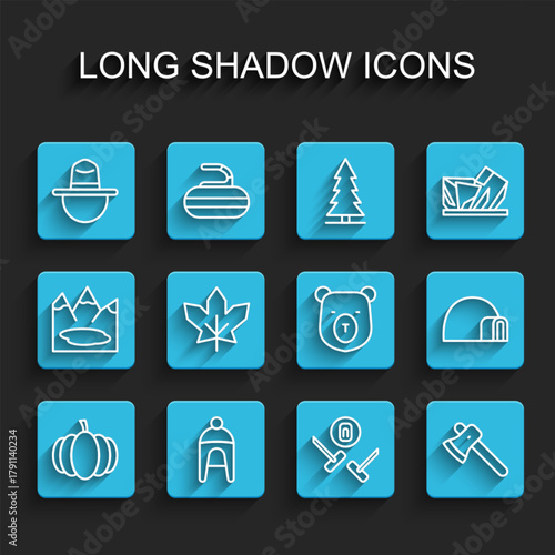 Set line Pumpkin, Winter hat, Canadian ranger, Curling sport game, Wooden axe, maple leaf, Igloo ice house and Bear head icon. Vector