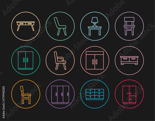 Set line Wardrobe, Chest of drawers, Table lamp on table, Armchair, Office desk, and icon. Vector