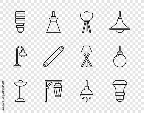 Set line Floor lamp, LED light bulb, Vintage street, Fluorescent, Chandelier and Lamp hanging icon. Vector