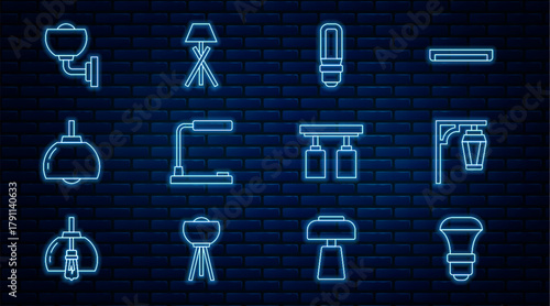 Set line LED light bulb, Vintage street, Table lamp, Chandelier, Wall or sconce, Led track lights lamps and Floor icon. Vector