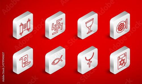 Set line Jewish calendar, Hindu swastika, Holy grail or chalice, Dharma wheel, Christian cross on chain, Decree, paper, parchment, scroll, fish and Torah icon. Vector