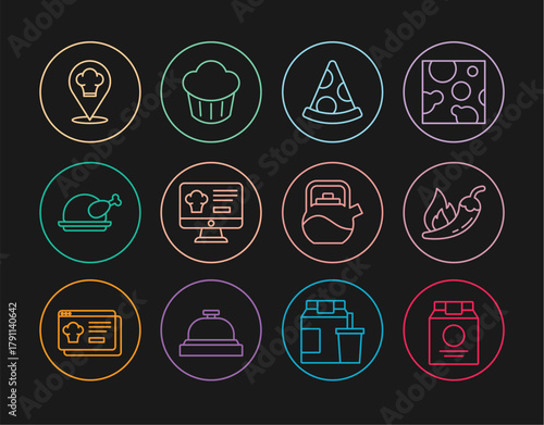 Set line Online ordering and delivery, Hot chili pepper pod, Slice of pizza, Roasted turkey chicken, Chef hat with location, Kettle handle and Cupcake icon. Vector