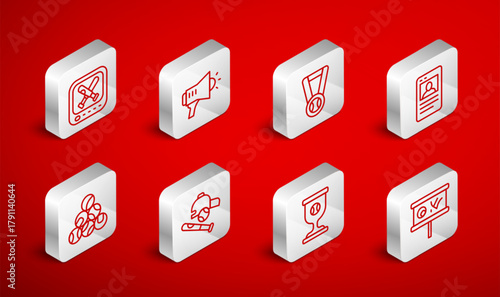 Set line Planning strategy, Megaphone, Medal with baseball ball, Baseball card, Award cup, Monitor game, bat hat and icon. Vector