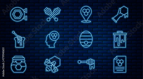 Set line Honeycomb, bee location, Beekeeper, dipper stick with honey, Hanging sign honeycomb, Hive for bees and icon. Vector
