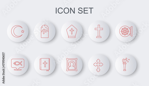 Set line Aspergillum, Christian fish, Pope hat, cross, Star and crescent, Easter cake, Holy bible book and icon icon. Vector