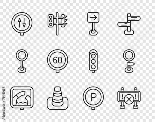 Set line Drawbridge ahead, Road barrier, Traffic sign turn right, cone, warning two way traffic, Speed limit, Parking and icon. Vector