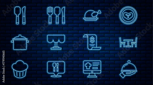 Set line Covered with tray of food, Wooden table chair, Roasted turkey or chicken, Cooking pot, Knife and spoon, Paper financial check and Fork, knife icon. Vector