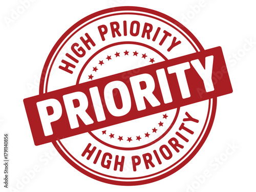 A circular stamp with the words 'HIGH PRIORITY' and 'PRIORITY' prominently displayed.