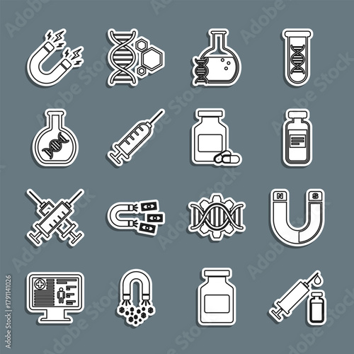 Set line Medical syringe and vial, Magnet, ampoule, DNA research, search, Syringe, with lightning and Medicine bottle pills icon. Vector